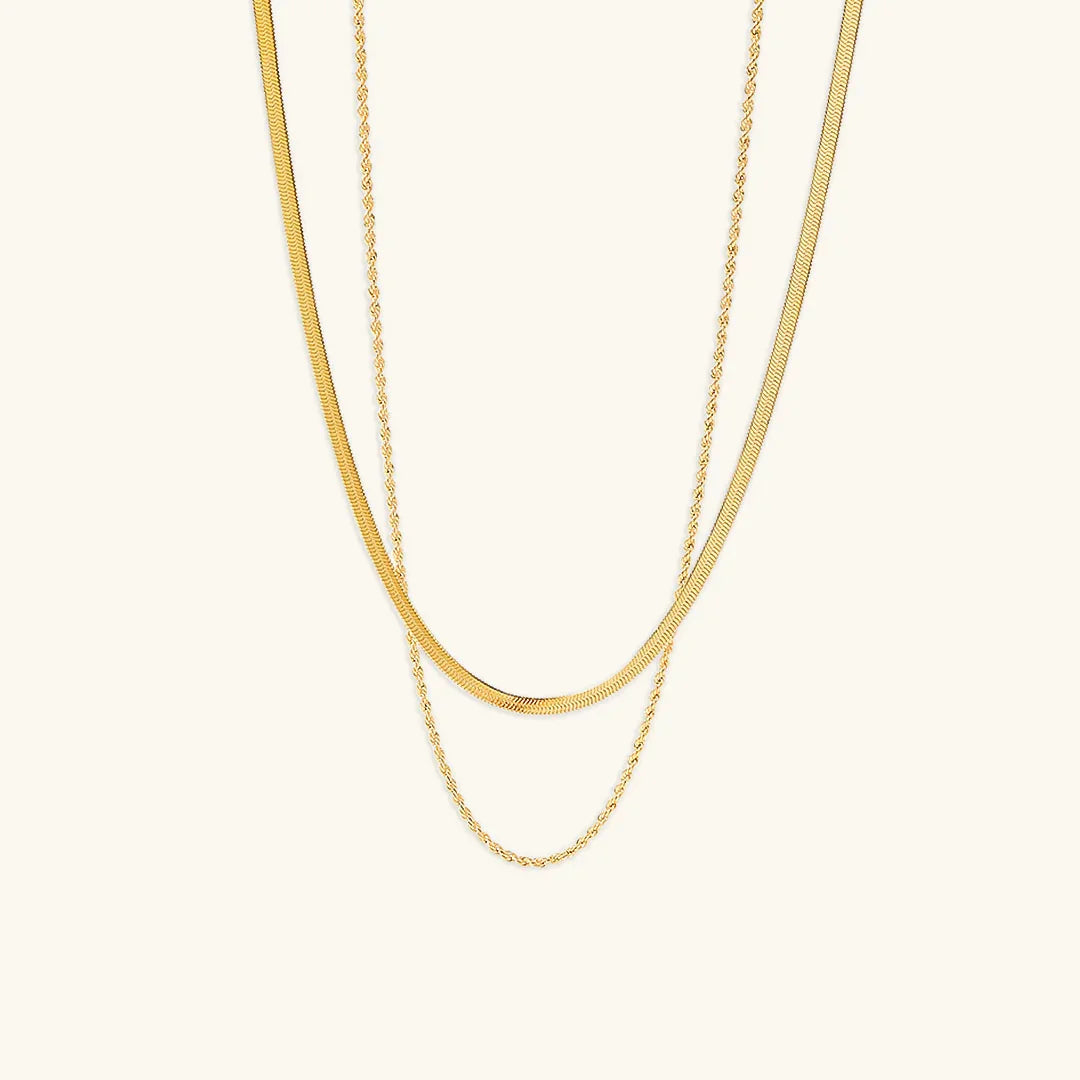 Hailey Herringbone & Rope Layered Chain Necklace – Gold Plated