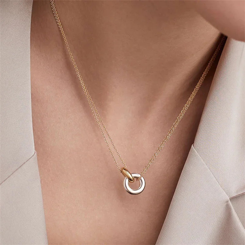 Harper Double Chain Circle Link Pendant Necklace – Gold & Silver
