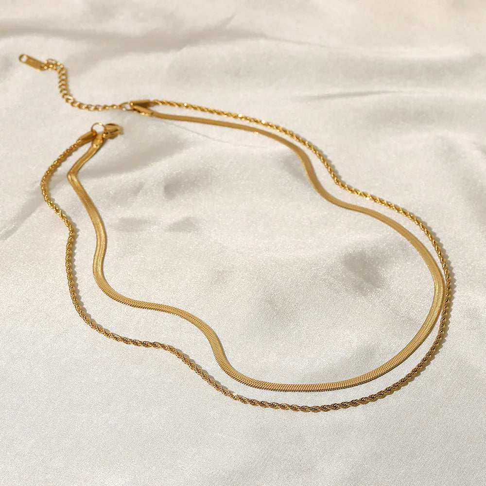Hailey Herringbone & Rope Layered Chain Necklace – Gold Plated