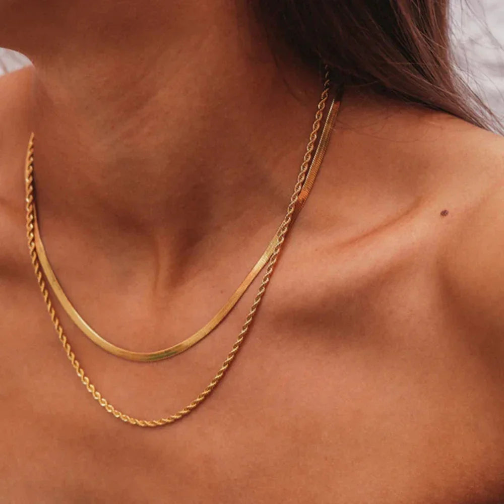 Hailey Herringbone & Rope Layered Chain Necklace – Gold Plated