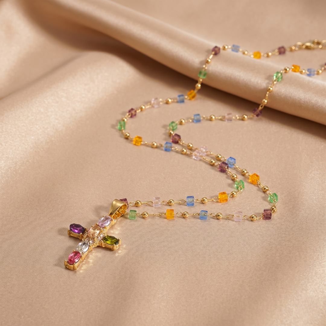 Rainbow Crystal Cross Pendant Necklace – Gold Plated