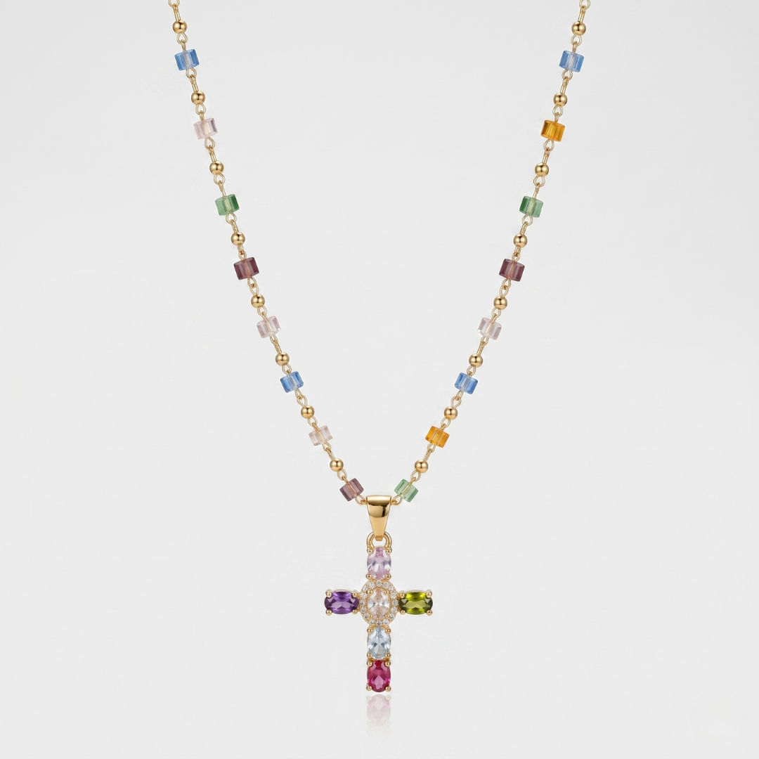 Rainbow Crystal Cross Pendant Necklace – Gold Plated