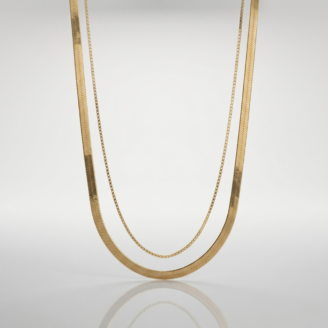 Layered Herringbone & Box Chain Necklace – Gold & Silver