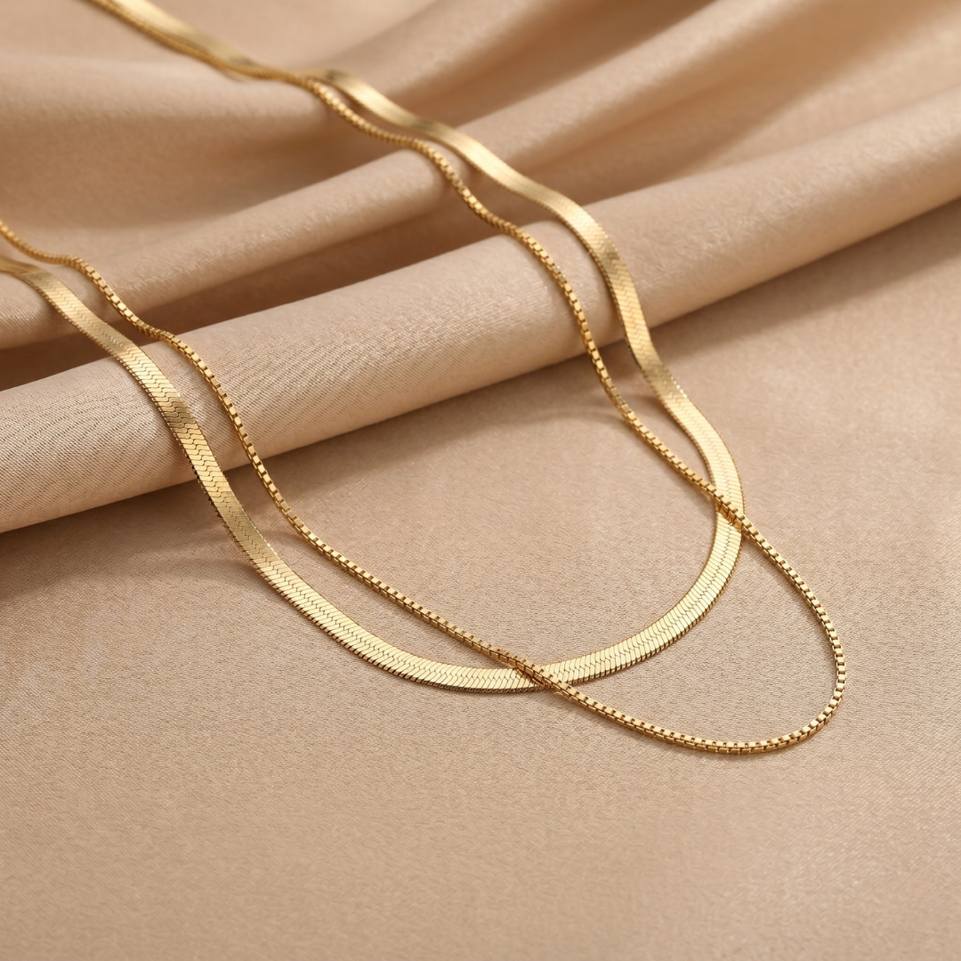 Layered Herringbone & Box Chain Necklace – Gold & Silver