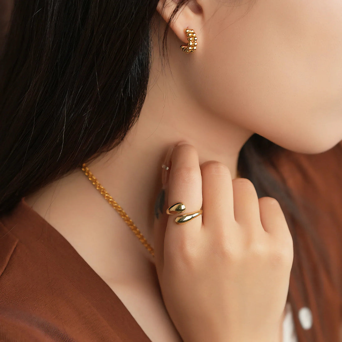 Double Teardrop Bypass Open Band Ring – Gold Plated
