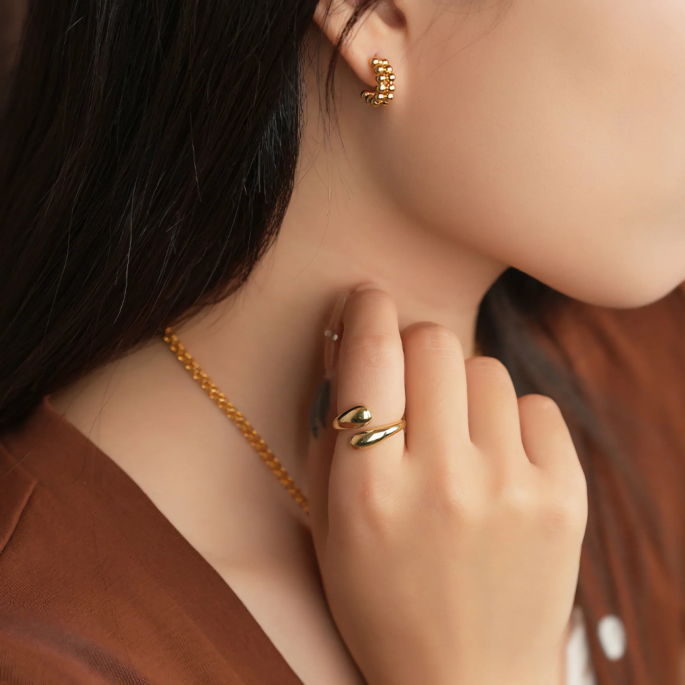 Double Teardrop Bypass Open Band Ring – Gold Plated