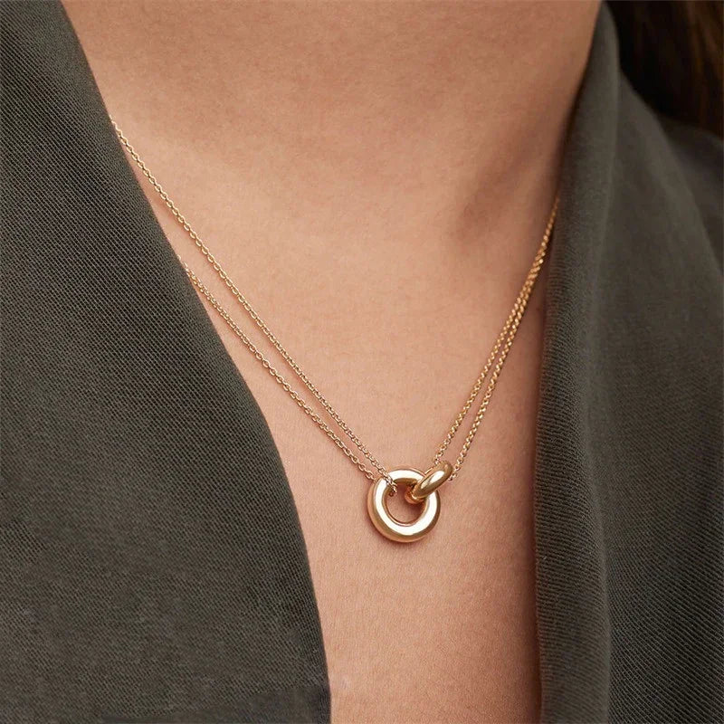Harper Double Chain Circle Link Pendant Necklace – Gold & Silver