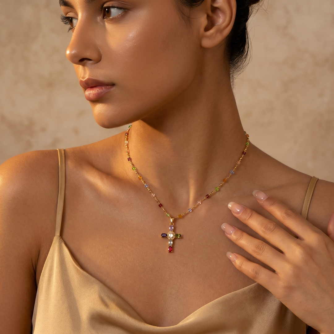 Rainbow Crystal Cross Pendant Necklace – Gold Plated