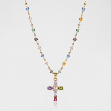 Rainbow Crystal Cross Pendant Necklace – Gold Plated