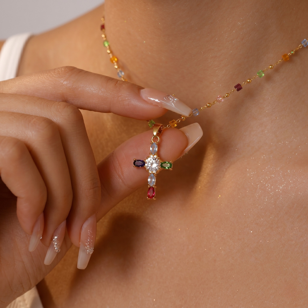 Rainbow Crystal Cross Pendant Necklace – Gold Plated