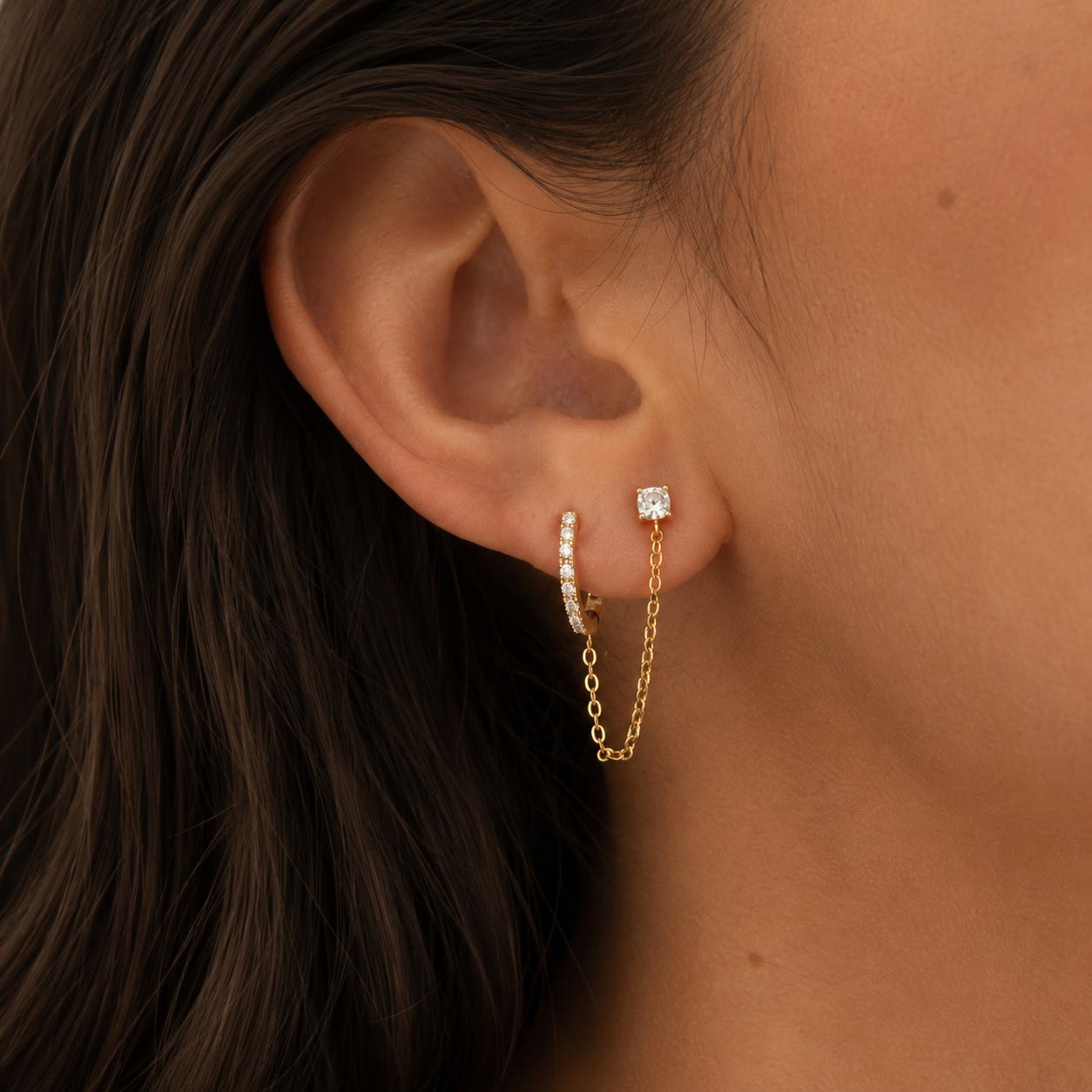 Crystal Chain Huggie & Stud Earrings – Gold & Silver