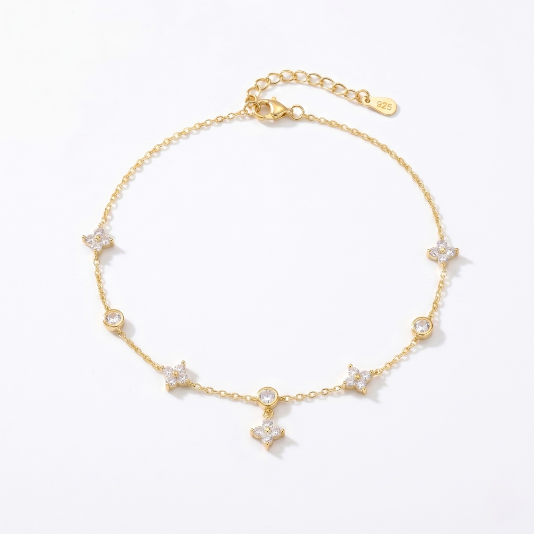 Crystal Clover Charm Anklet – Gold & Silver