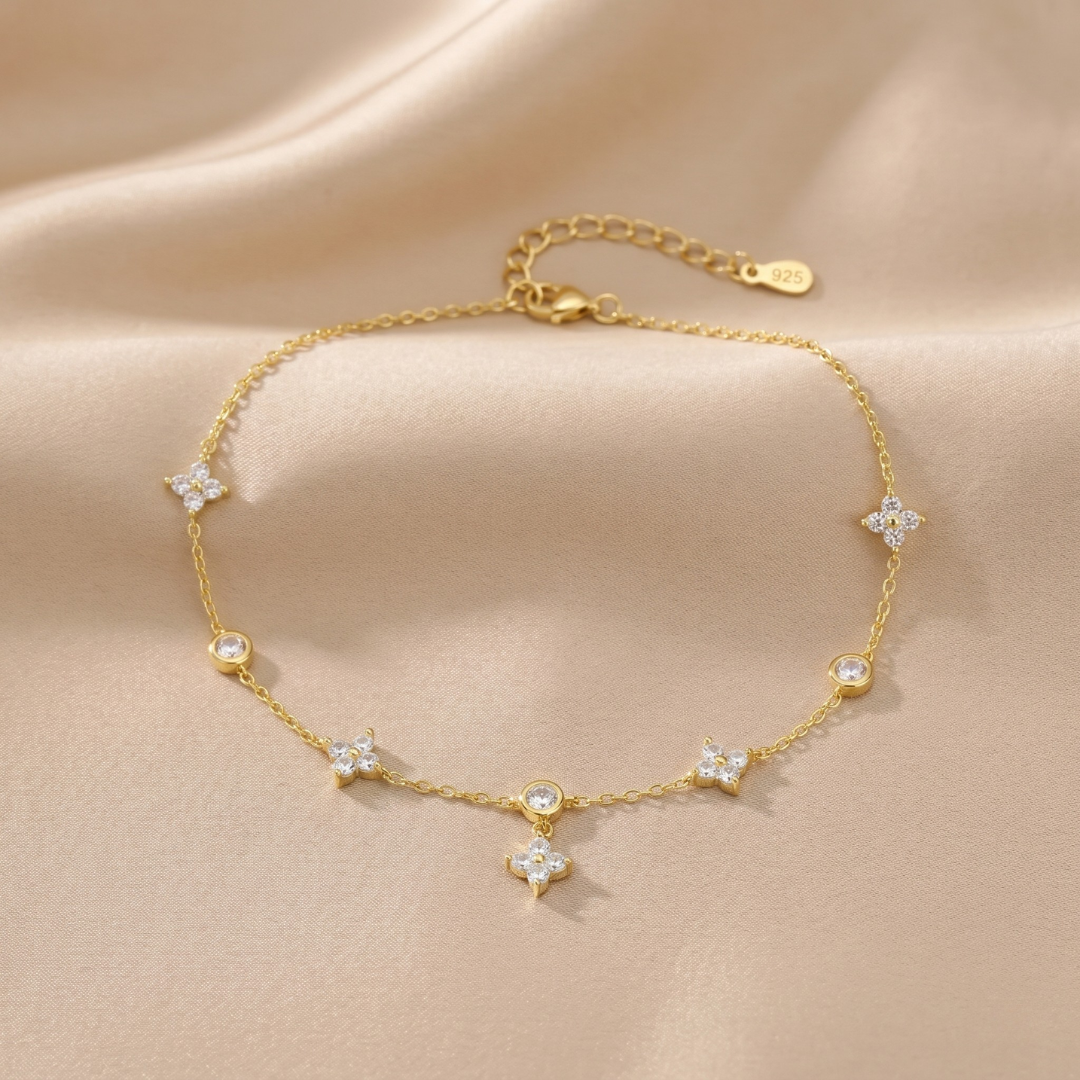 Crystal Clover Charm Anklet – Gold & Silver