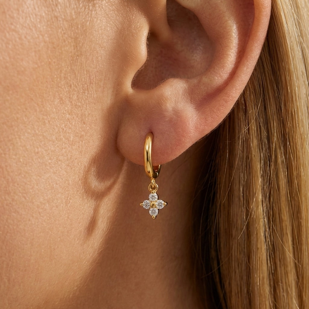Crystal Clover Huggie Hoop Earrings – Gold