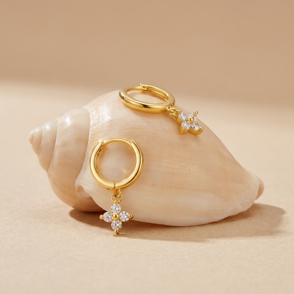 Crystal Clover Huggie Hoop Earrings – Gold