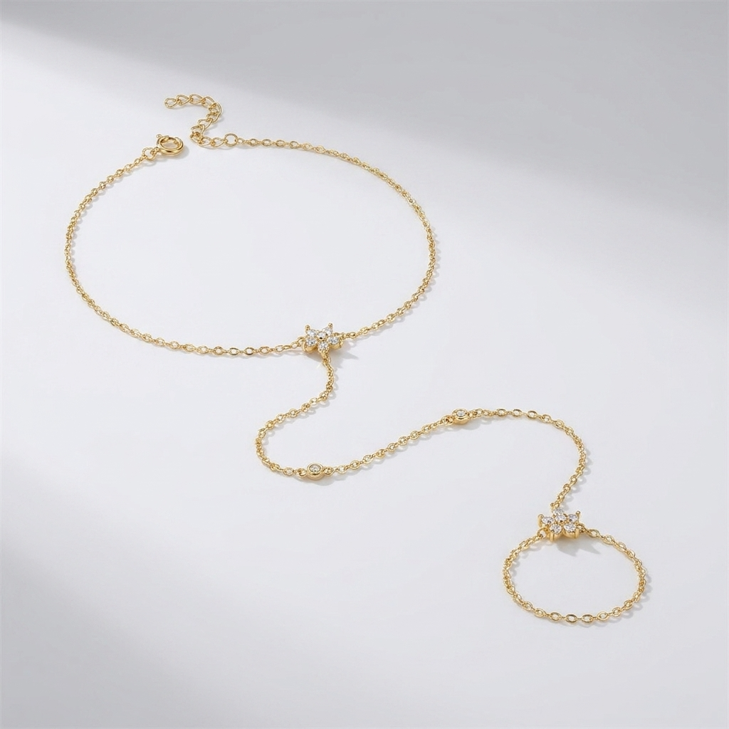 Crystal Clover Hand Chain Bracelet – Gold