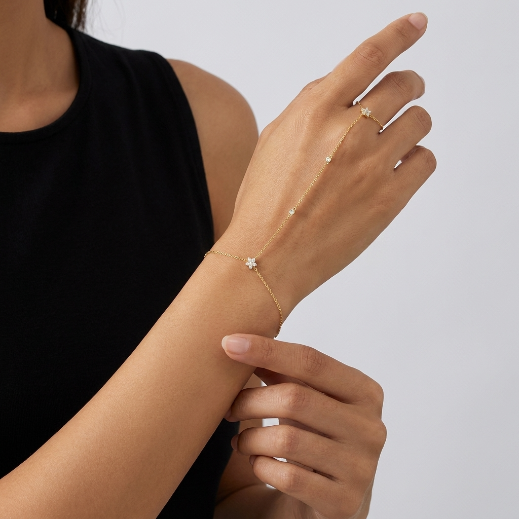 Crystal Clover Hand Chain Bracelet – Gold