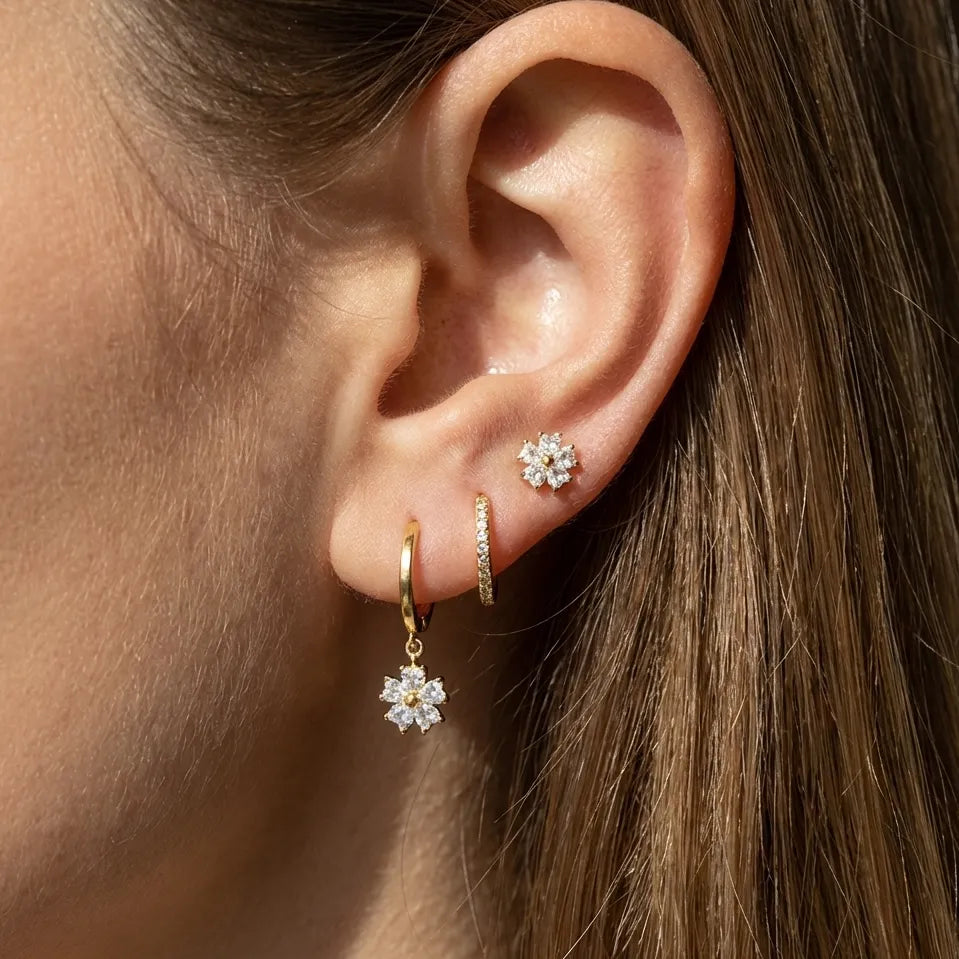 Crystal Flower Hoop & Stud Earring Set – Gold