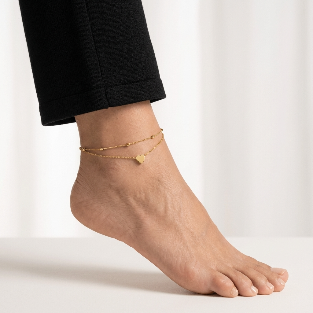 Layered Heart Charm Anklet – Gold