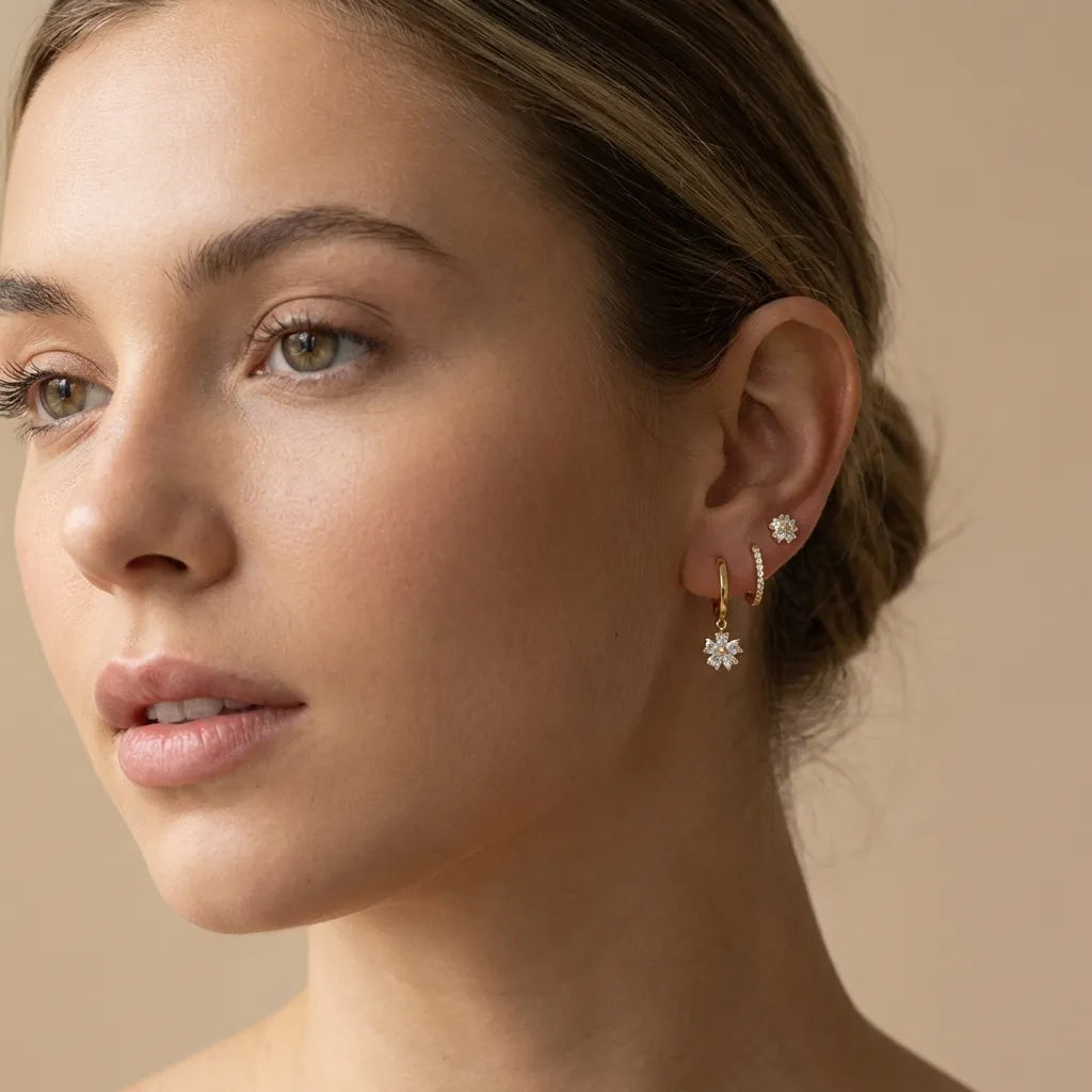 Crystal Flower Hoop & Stud Earring Set – Gold