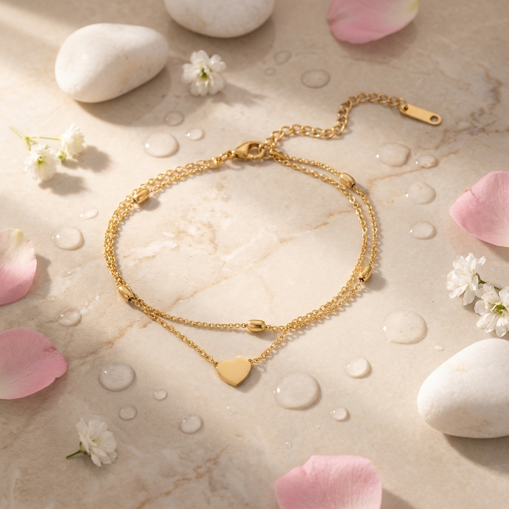 Layered Heart Charm Anklet – Gold