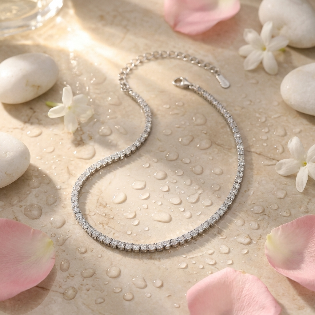 Crystal Tennis Anklet – Silver