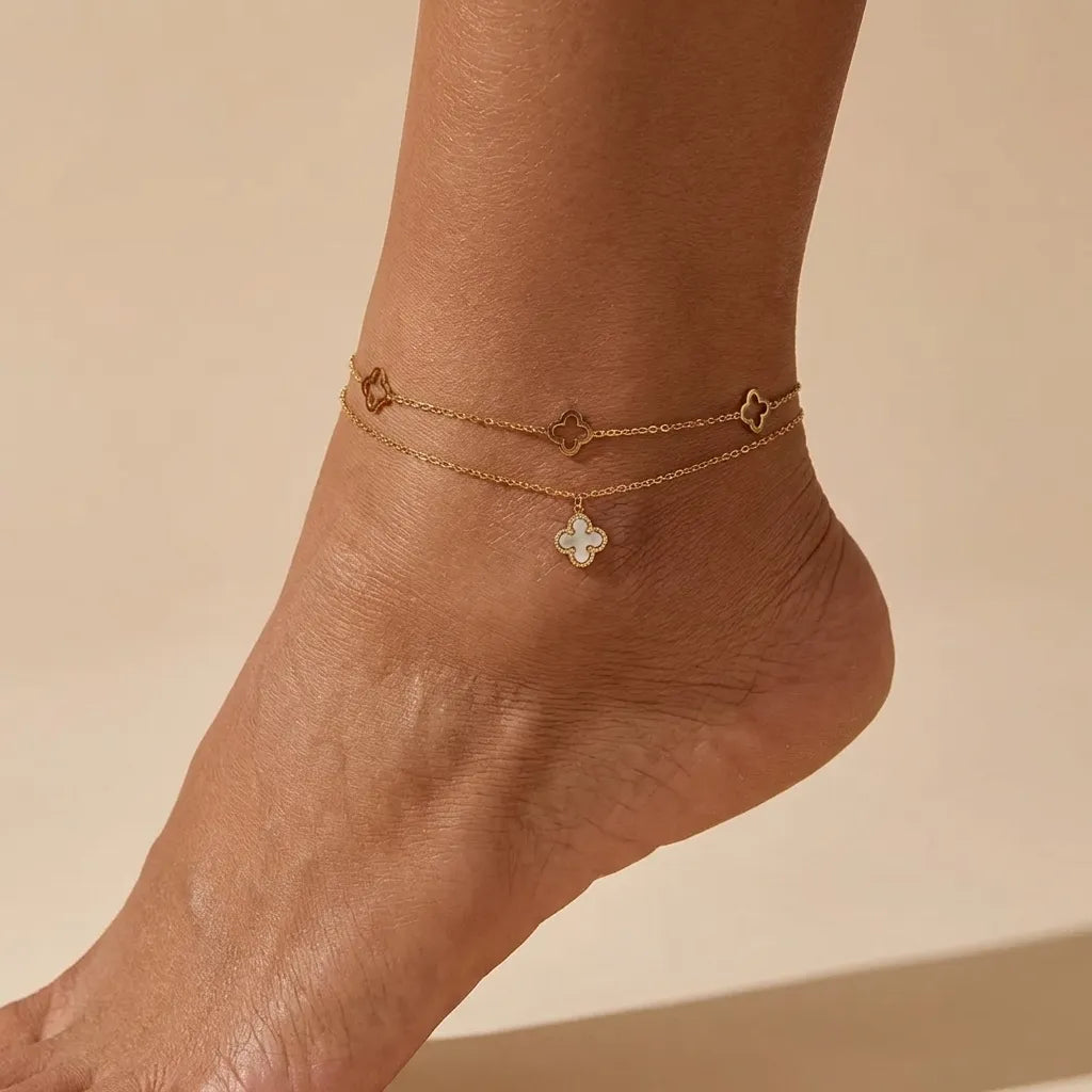 Layered Clover Charm Anklet – Gold