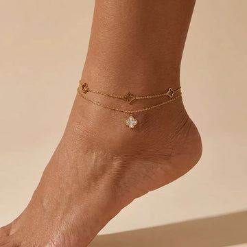 Layered Clover Charm Anklet – Gold