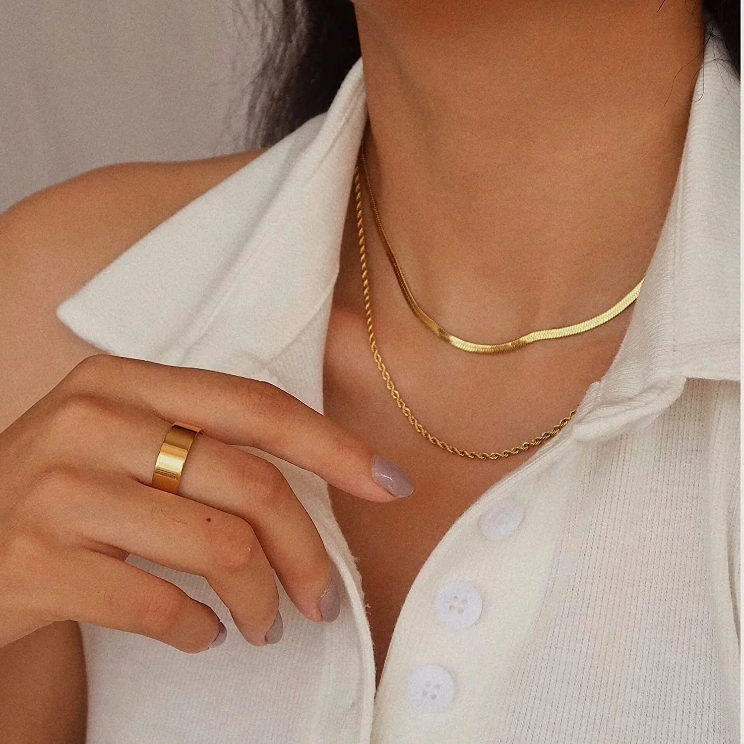 Hailey Herringbone & Rope Layered Chain Necklace – Gold Plated