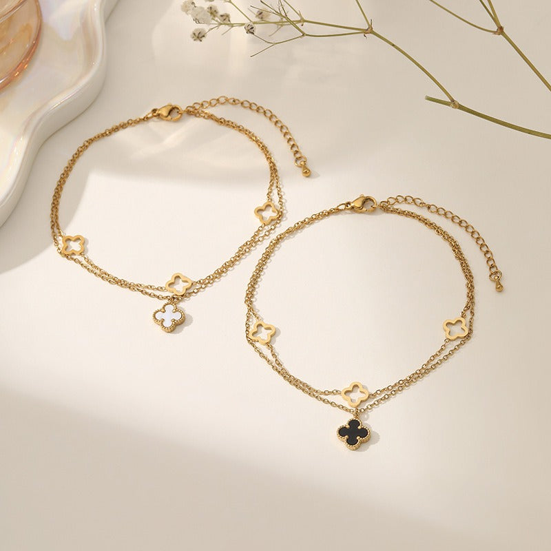 Layered Clover Charm Anklet – Gold