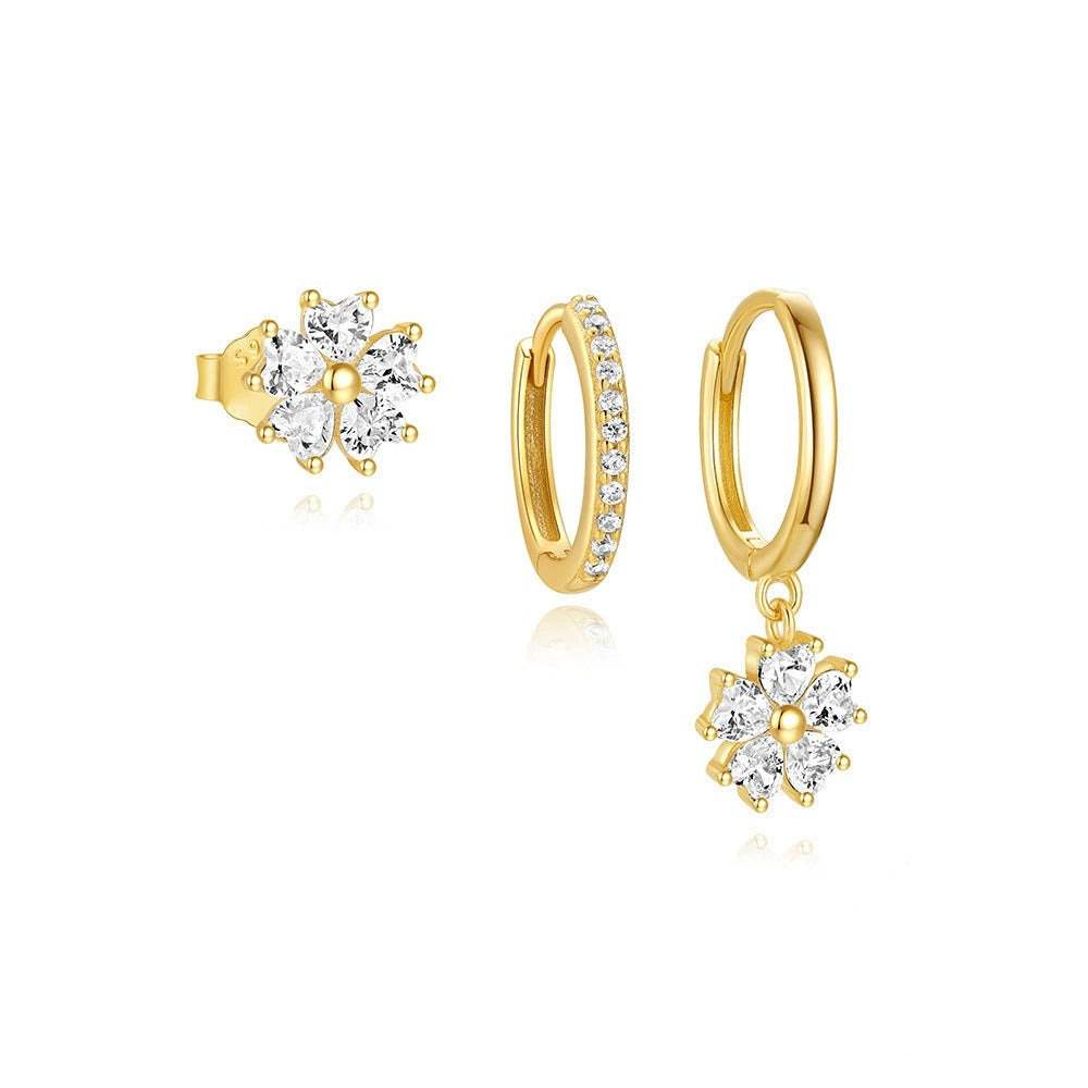 Crystal Flower Hoop & Stud Earring Set – Gold