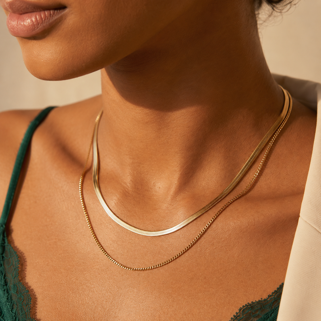 Layered Herringbone & Box Chain Necklace – Gold & Silver