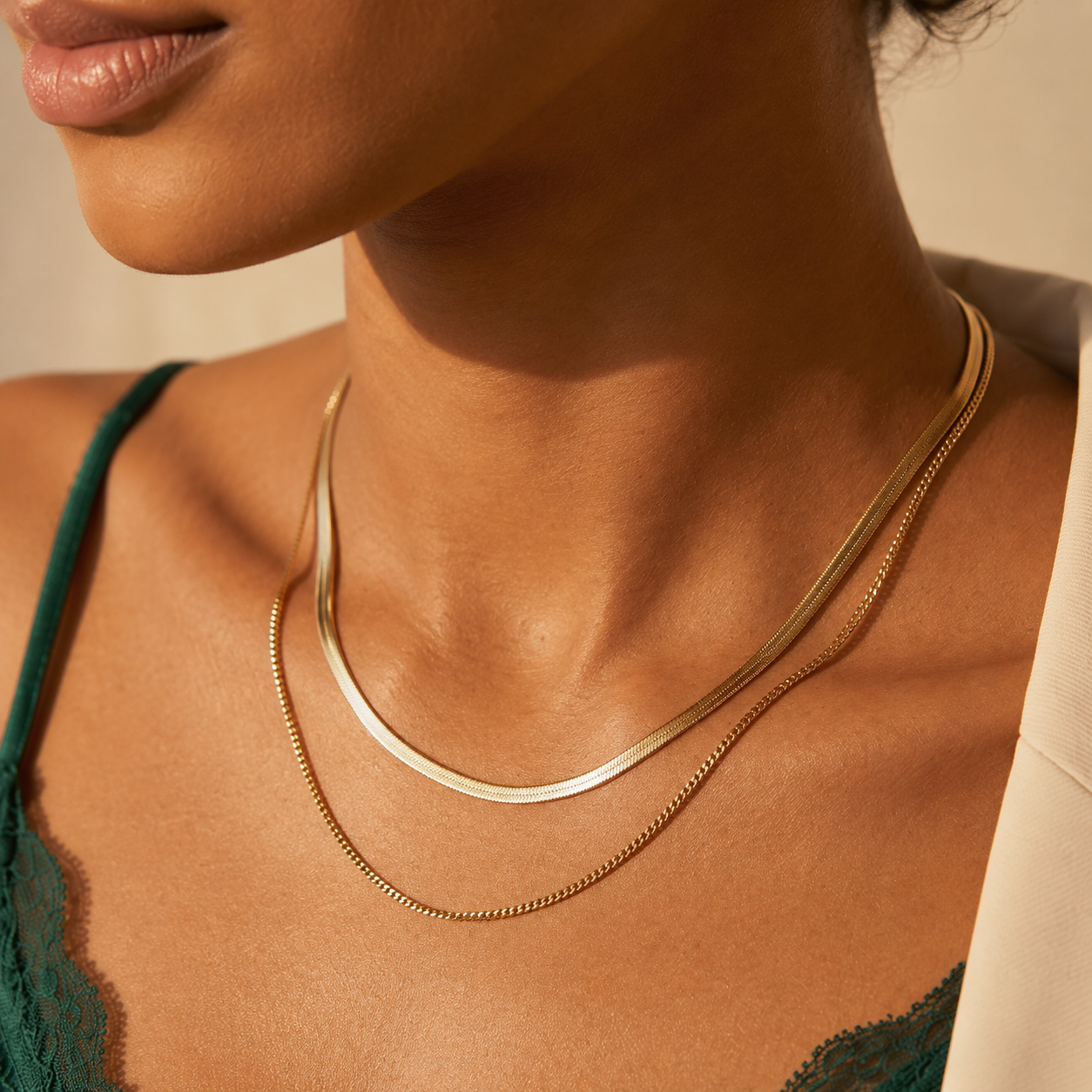 Layered Herringbone & Box Chain Necklace – Gold & Silver