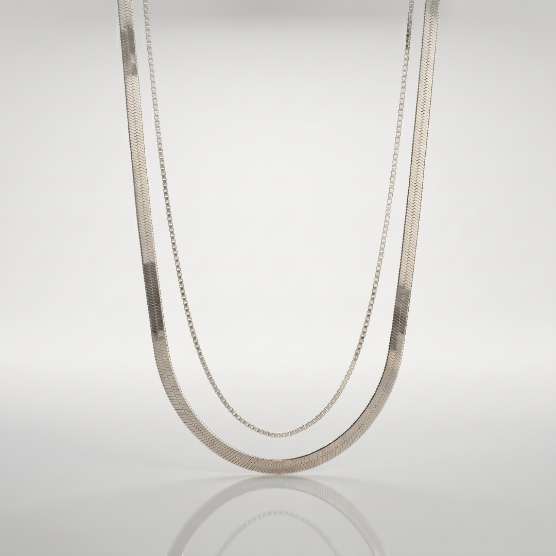 Layered Herringbone & Box Chain Necklace – Gold & Silver