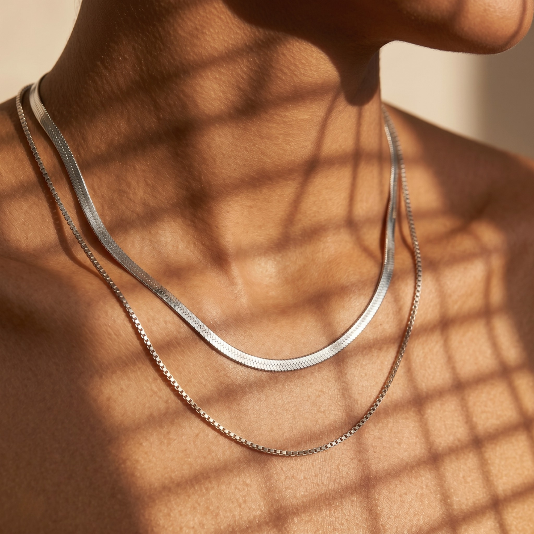 Layered Herringbone & Box Chain Necklace – Gold & Silver
