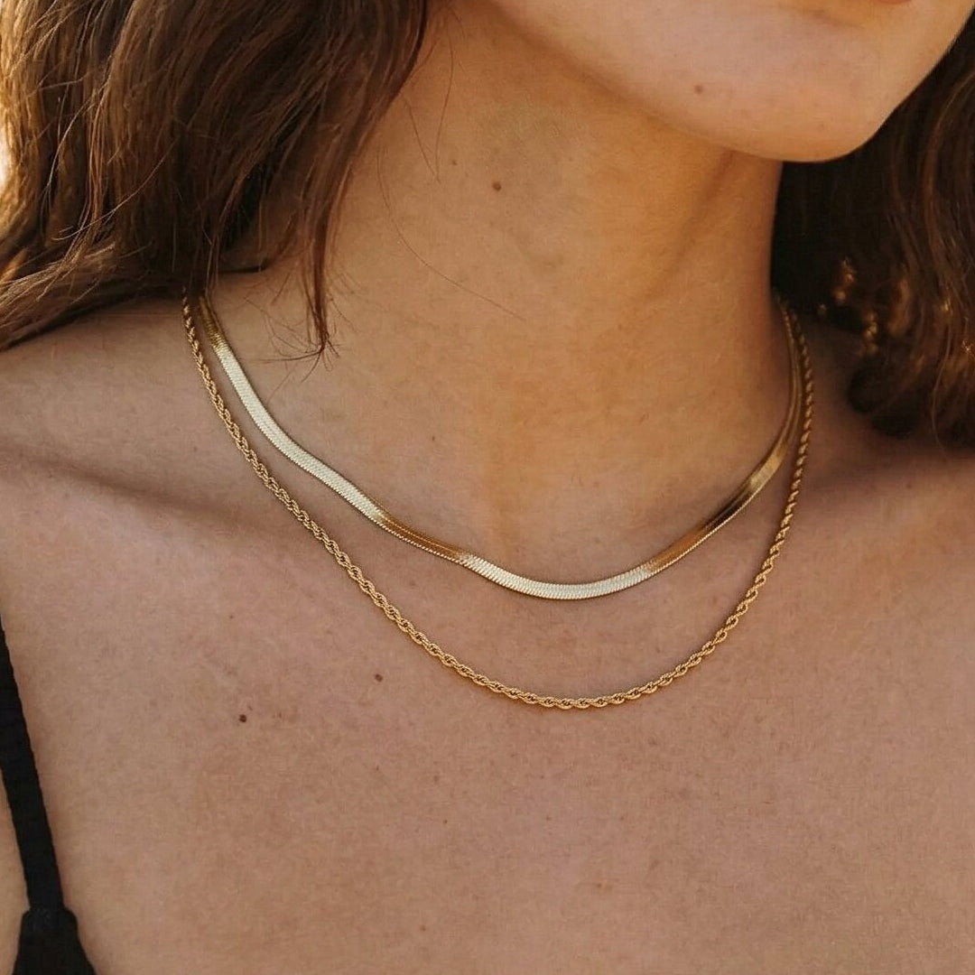 Hailey Herringbone & Rope Layered Chain Necklace – Gold Plated