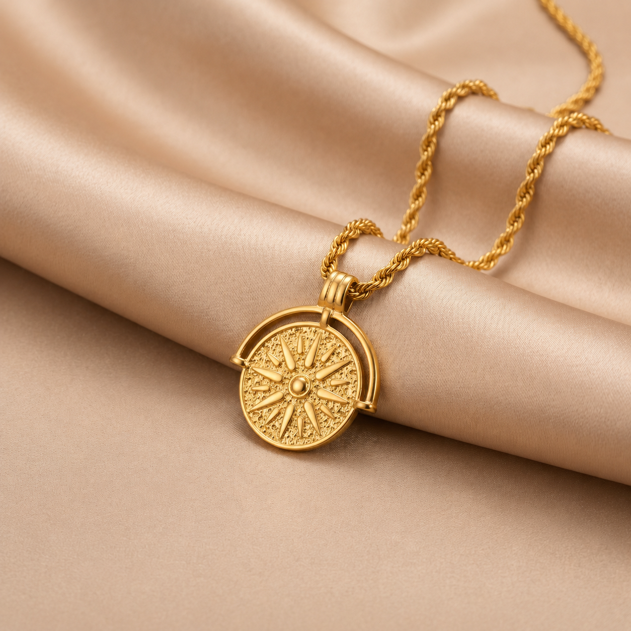 Sun Coin Pendant Necklace – Gold Rope Chain