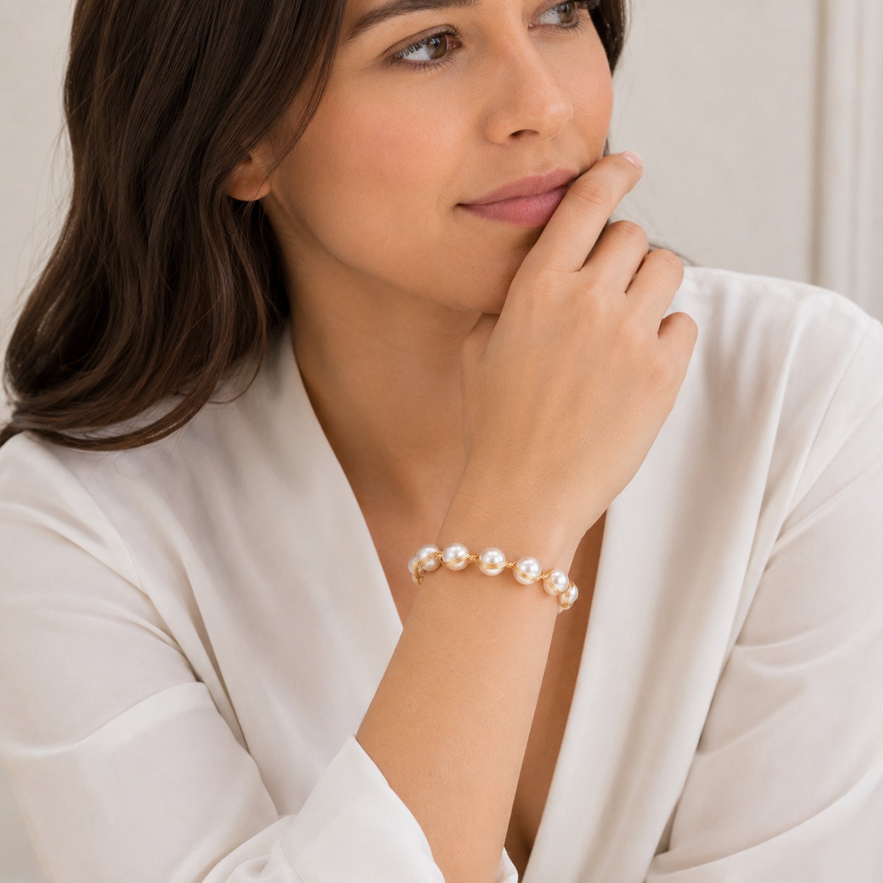 Wire-Wrapped Pearl Cuff Bracelet – Gold & Silver