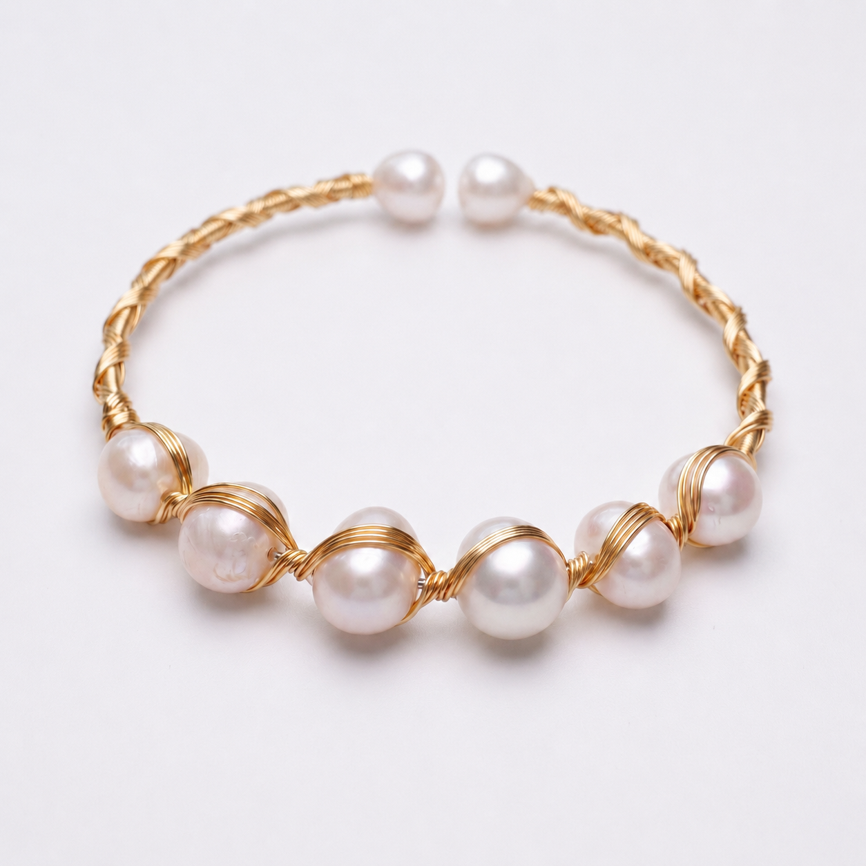 Wire-Wrapped Pearl Cuff Bracelet – Gold & Silver