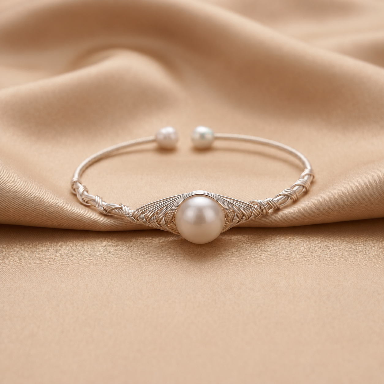 Wire-Wrapped Pearl Cuff Bracelet – Gold & Silver